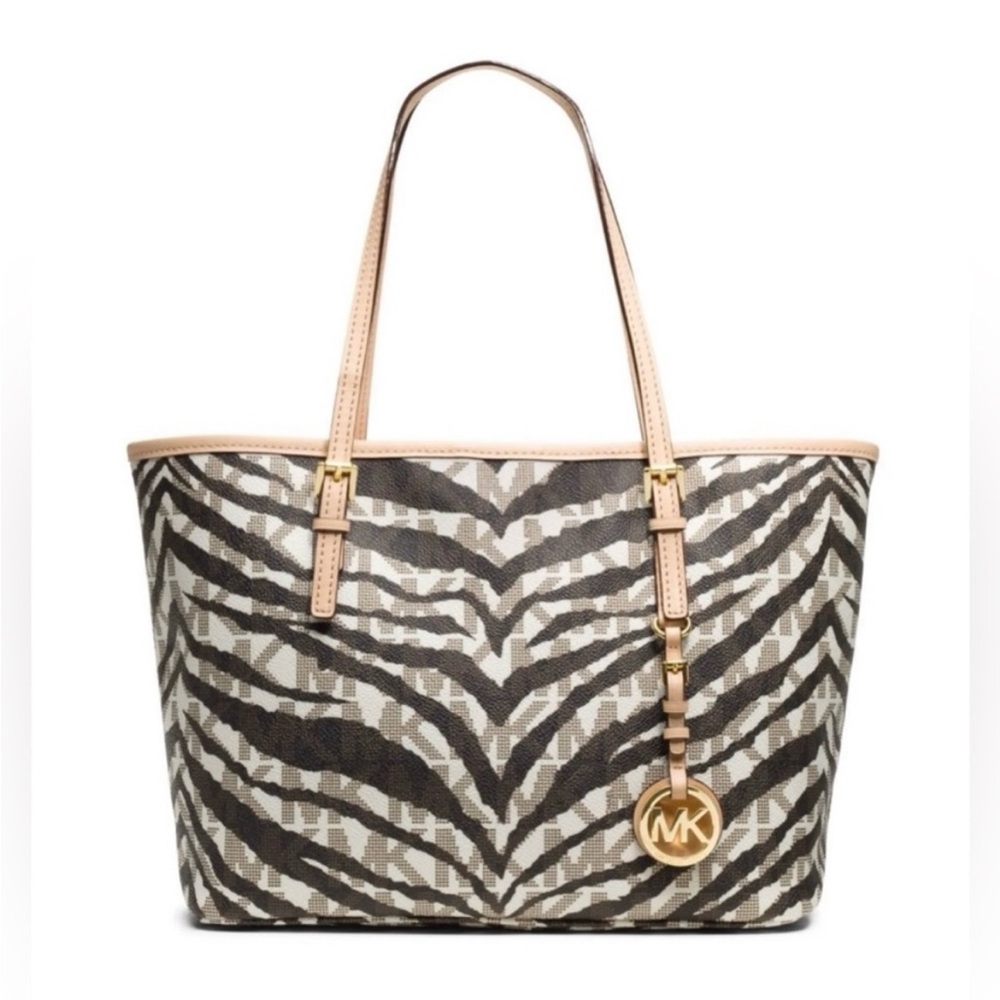 Michael Kors Zebra-Print Canvas Jet Set  Tote in Black and Cream with Tan Trim